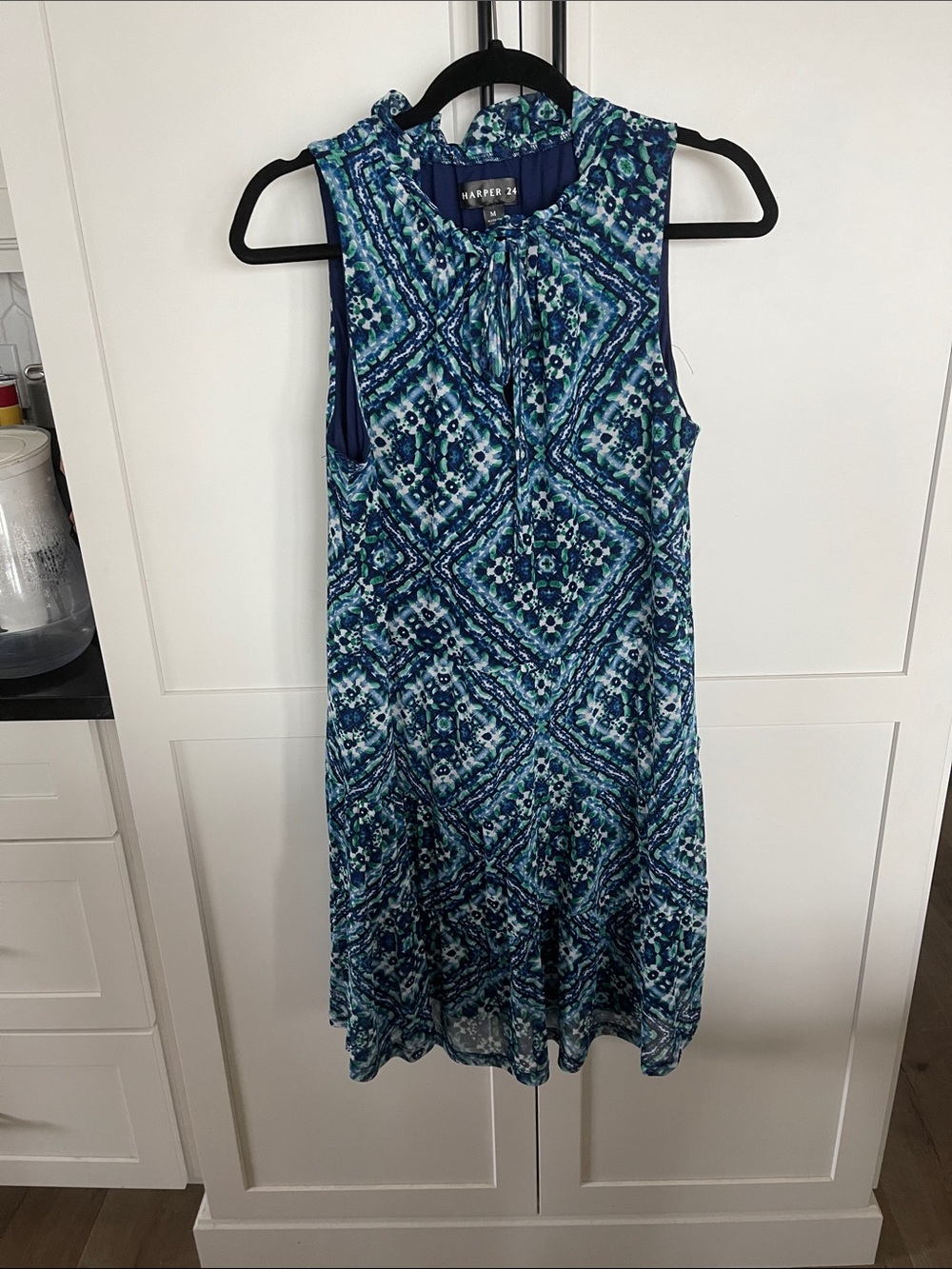 Harper Blue Teal Geometric Sleeveless Tie-Neck Dress